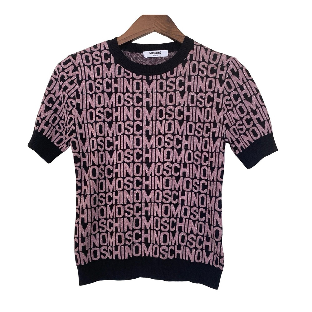 Moschino‎ Milano Women's Pink Black Logo Metallic Knit Top Size 40 Y2K Style